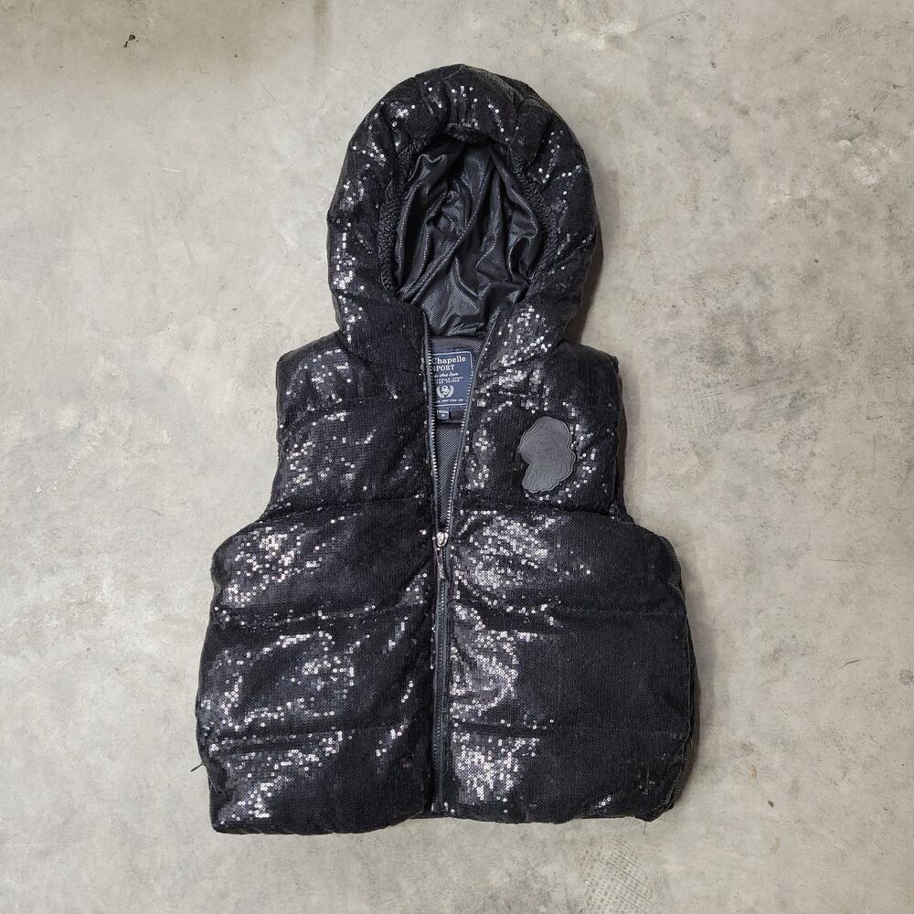 La Chapelle Sport Women's Sequin Puffer Jacket Vest Black Hooded Size 38